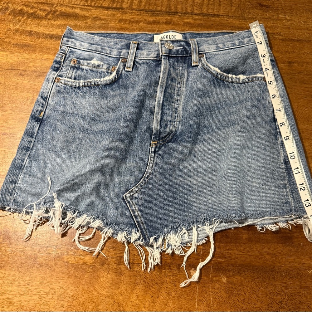 Agolde Parker Angled Hem Blue Jean mini skirt in size 24